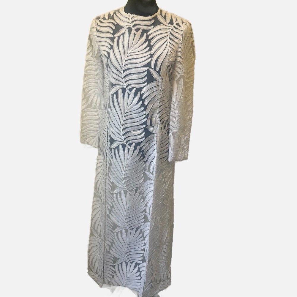 SEMSEM 100% Silk Embroidered White Leaf Pattern Maxi Dress Boho Resort Coastal
